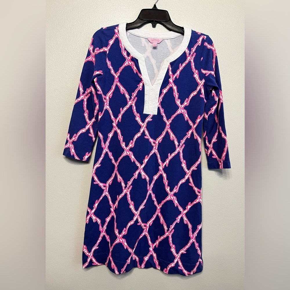 Lilly Pulitzer Pink White Corral Lattice Design Blue Deep Dive Tunic Dress Sz Sm